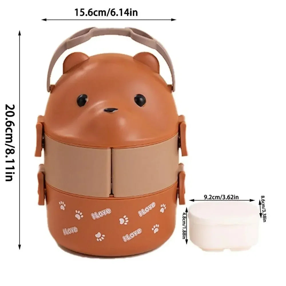 Brown bear-shaped kawaii lunch box with measurements on a white background