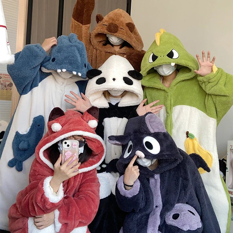 People wearing colorful kawaii animal-themed hoodies in a casual setting.