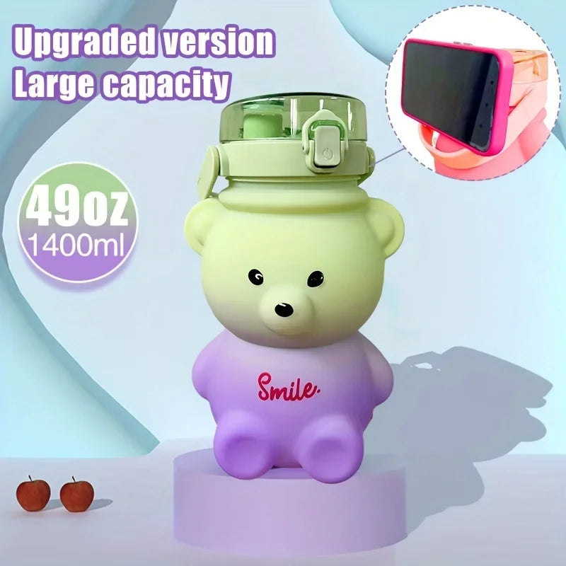 Bear-shaped kawaii water bottle with a phone holder on a light blue background