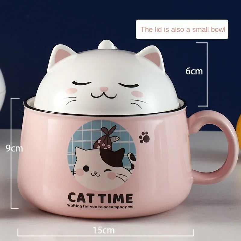 A pink and white cat themed kawaii ramen bowl