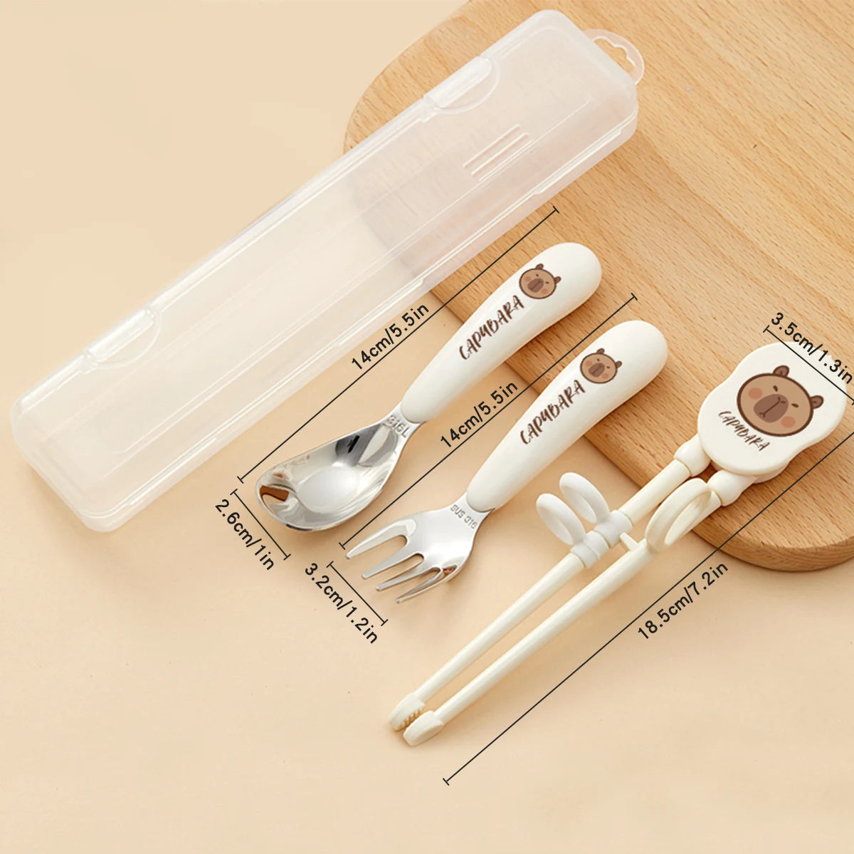 A white kawaii utensils set with measurements