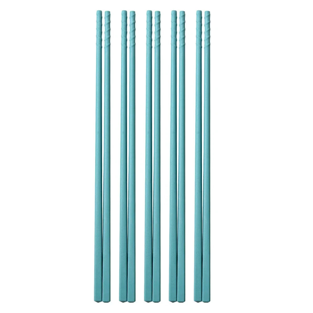 Set of six teal kawaii chopsticks on a white background