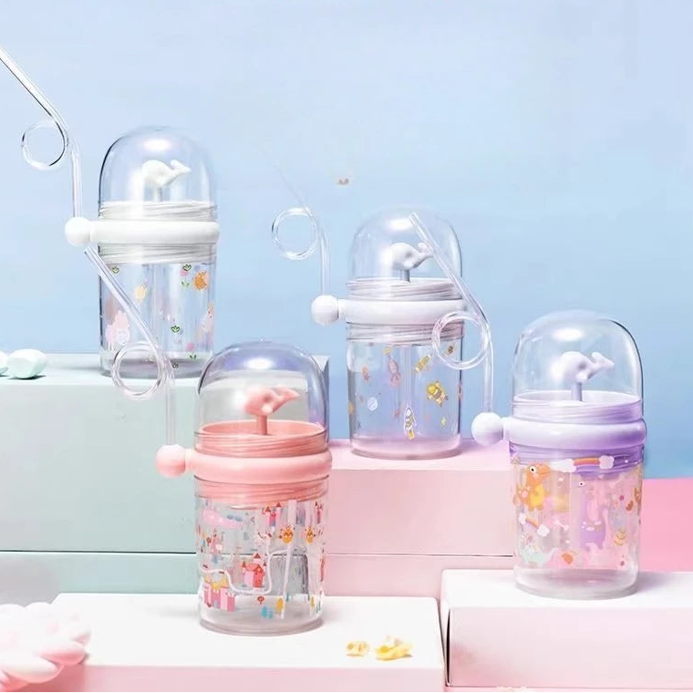 Set of colorful children's kawaii water bottles with cartoon designs on a pastel background.