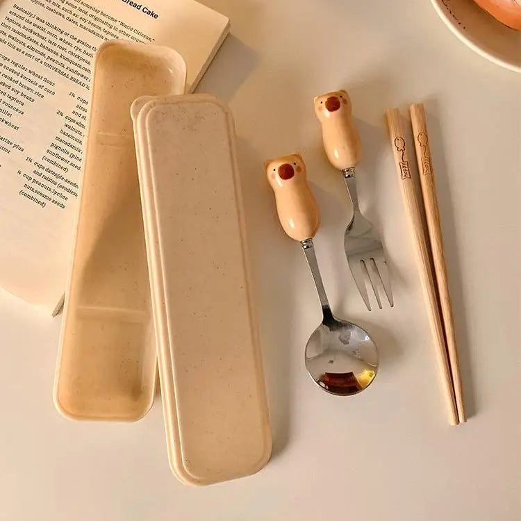 Capybara shaped kawaii utensils on a kitchen table
