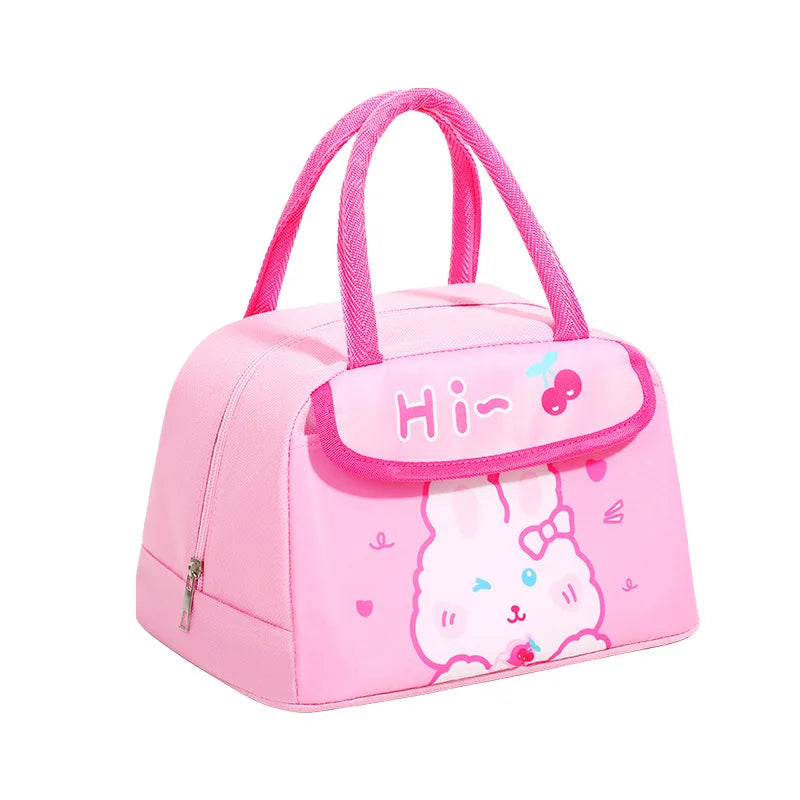 Pink kawaii lunch bag with cartoon character and 'Hi' text on a white background