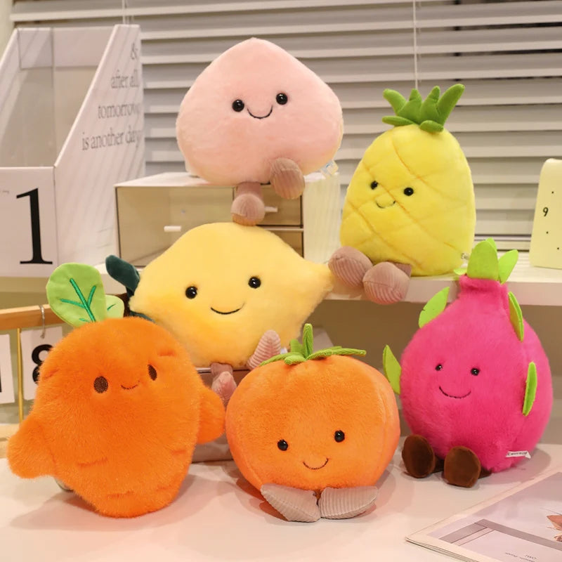 Set of colorful kawaii plush toys shaped like fruits on a table.
