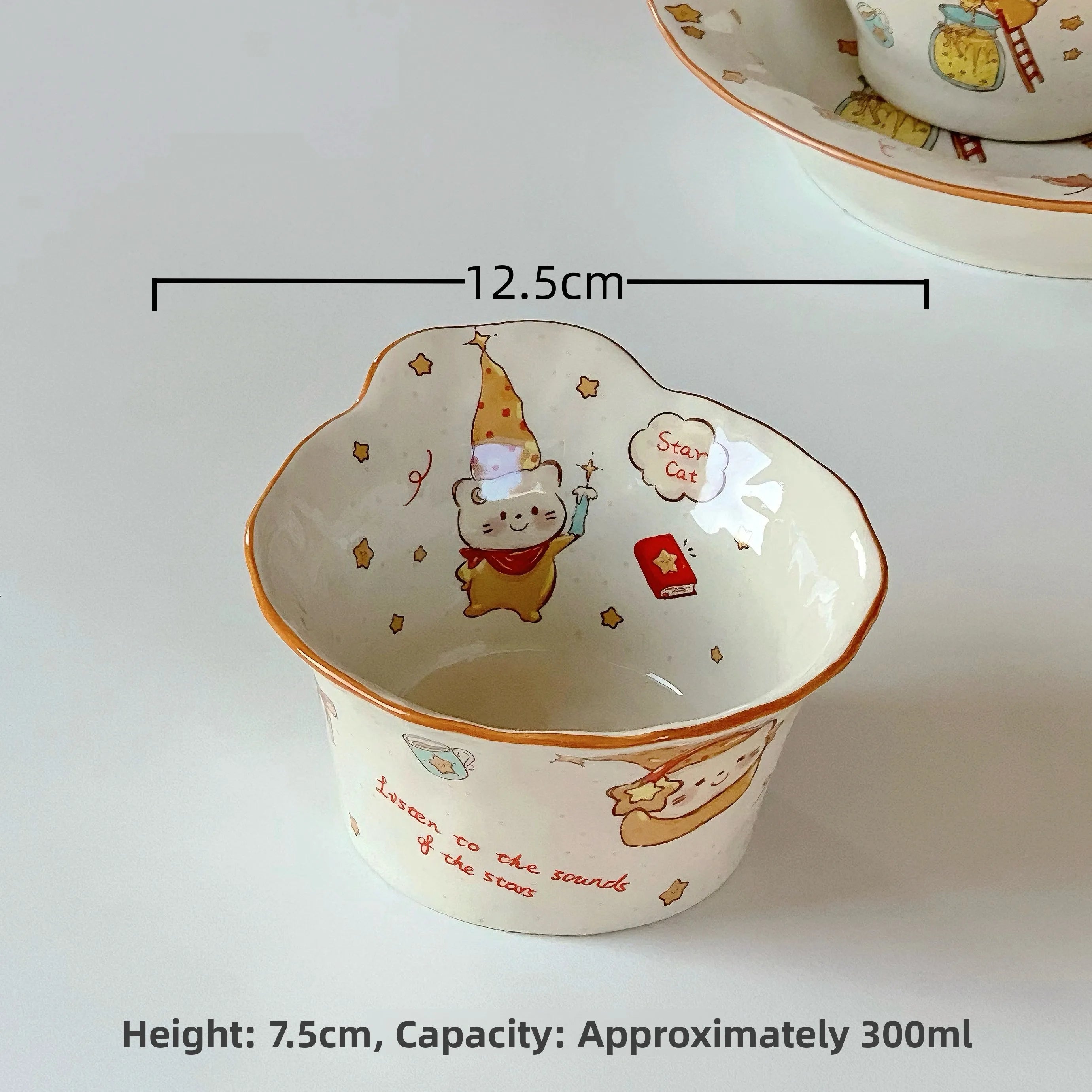 Ceramic kawaii ramen bowl with cartoon design and measurements on a white background