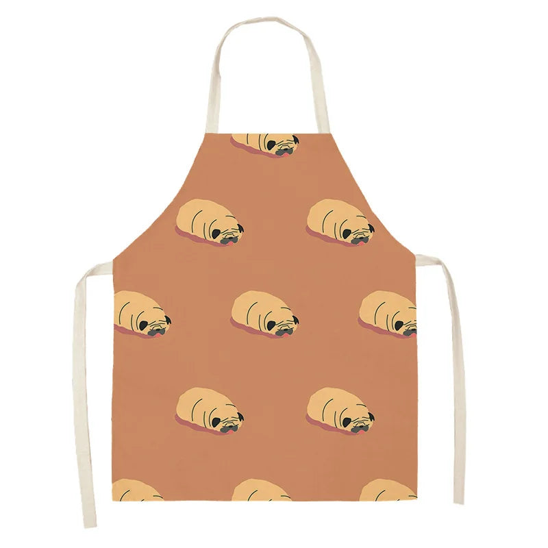 Kawaii apron with pug dog pattern on a brown background
