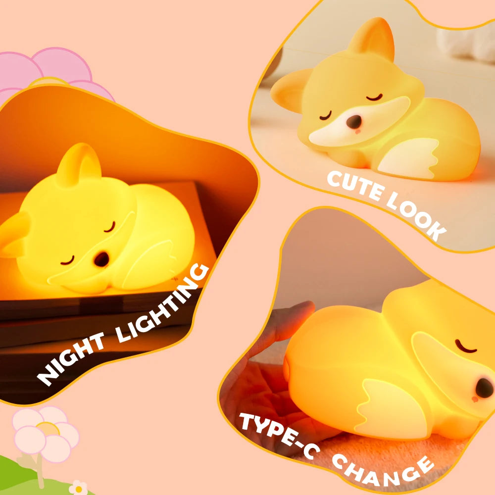 Yellow kawaii fox-shaped night light with packaging on a pink background