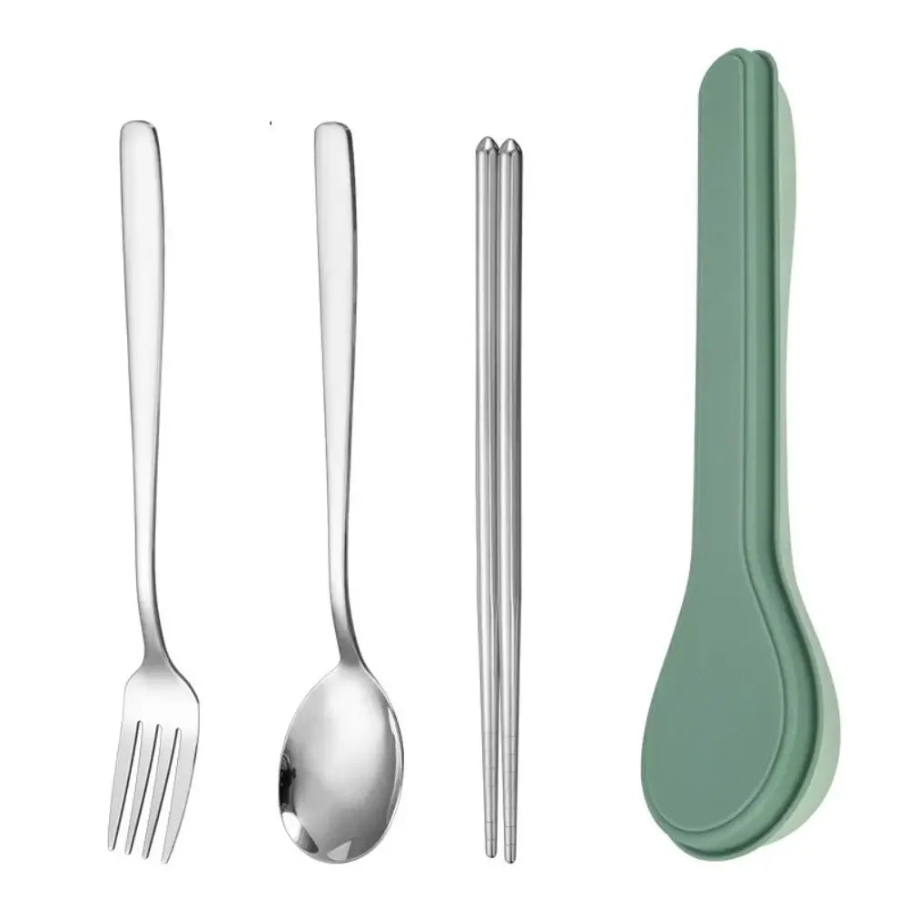 Set of silver kawaii utensils with a green case on a white background