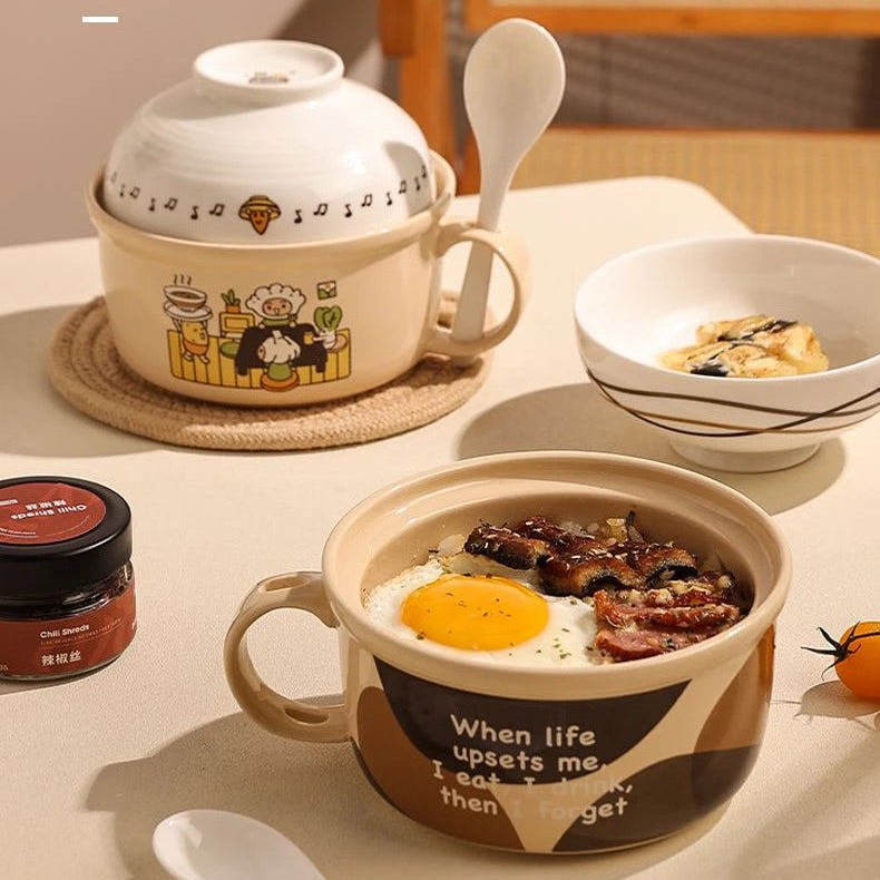 Two cartoon themed kawaii ramen bowls on a table