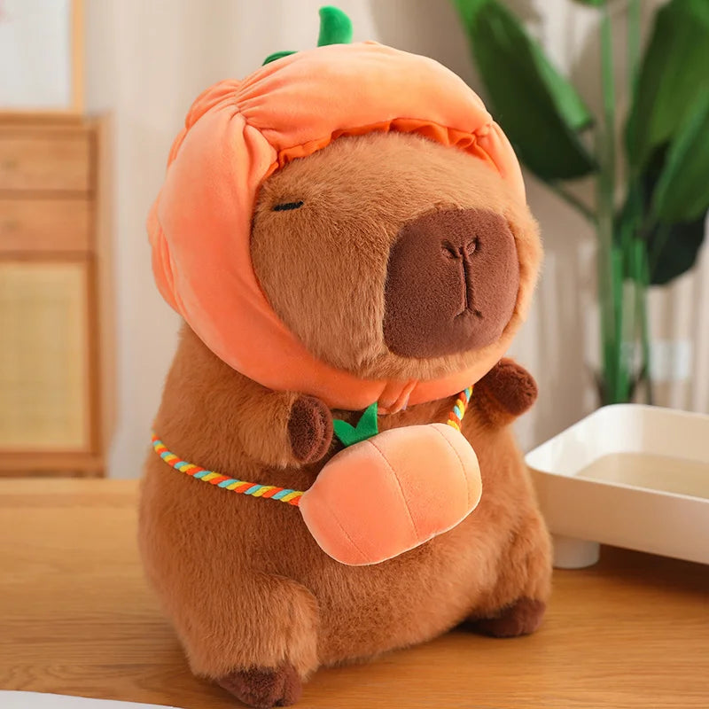 Kawaii plush toy resembling a dog with an orange hat and carrot on a wooden surface