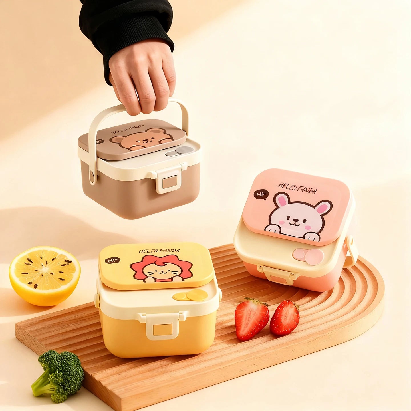 Three cartoon-themed kawaii lunch boxes on a wooden board with fruits and vegetables.