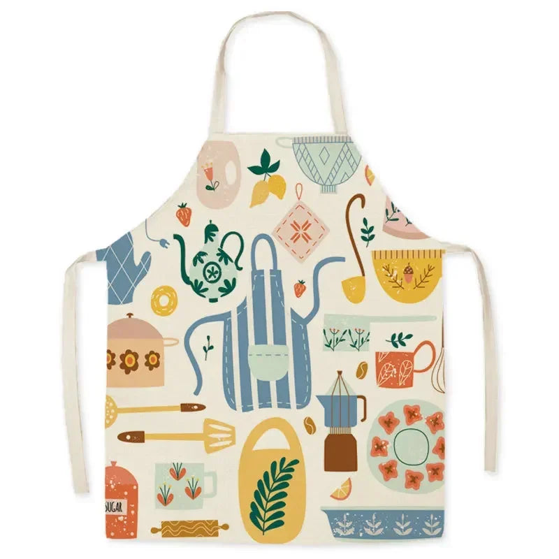 Colorful kawaii apron with kitchen-themed illustrations on a white background