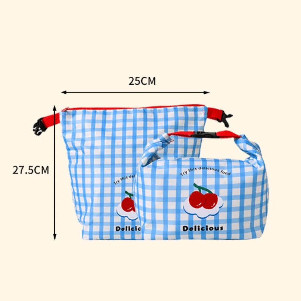 Blue checkered kawaii bag with cherry designs and measurements on a beige background