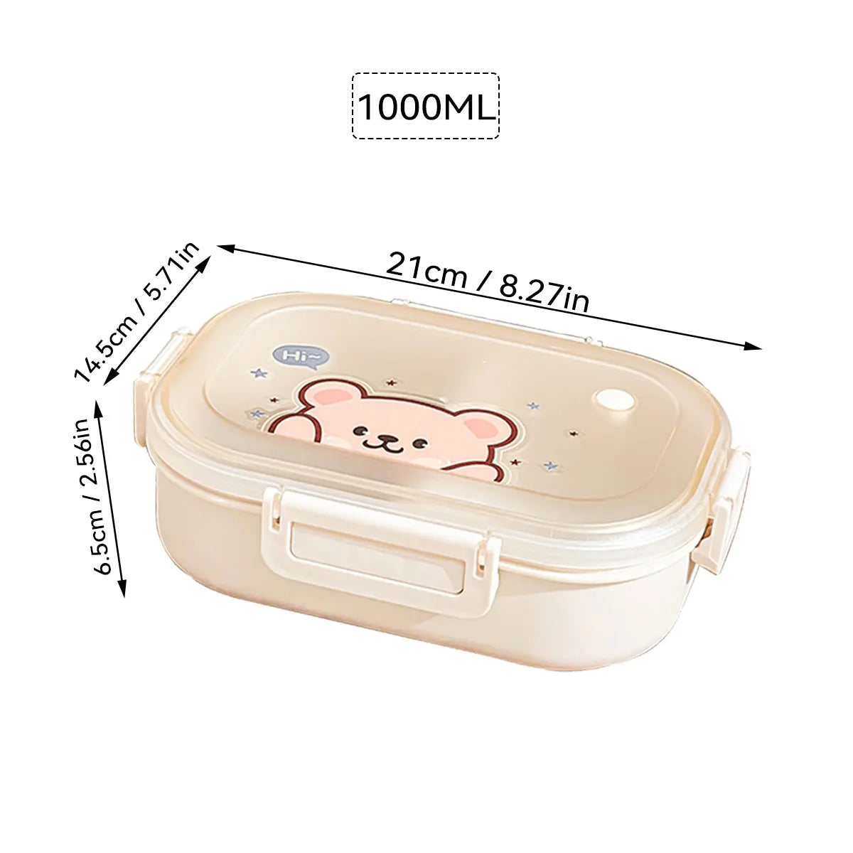 Beige bento box with kawaii bear design and measurements on a white background