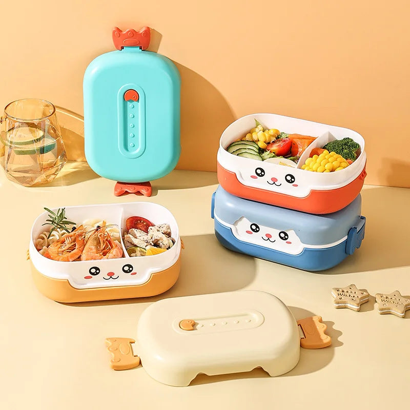 Set of colorful kawaii bento boxes with food compartments on a beige background