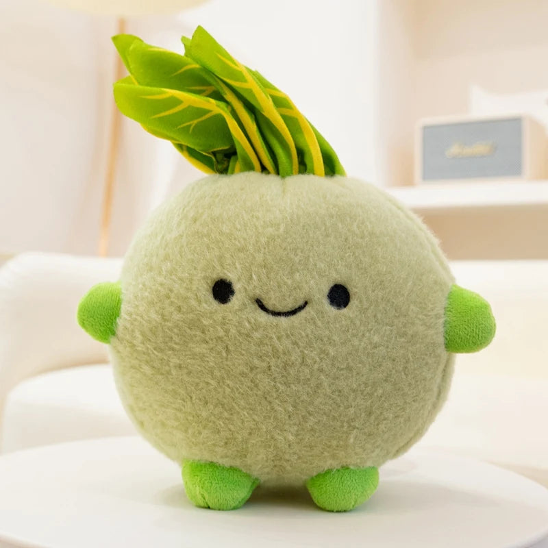 Kawaii plush toy resembling a turnip with a happy face on a white surface.
