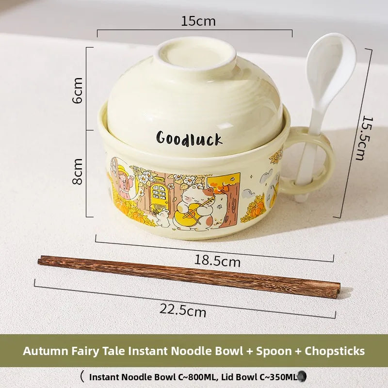 Ceramic noodle kawaii ramen bowl with lid, spoon, and chopsticks with measurements on a white background
