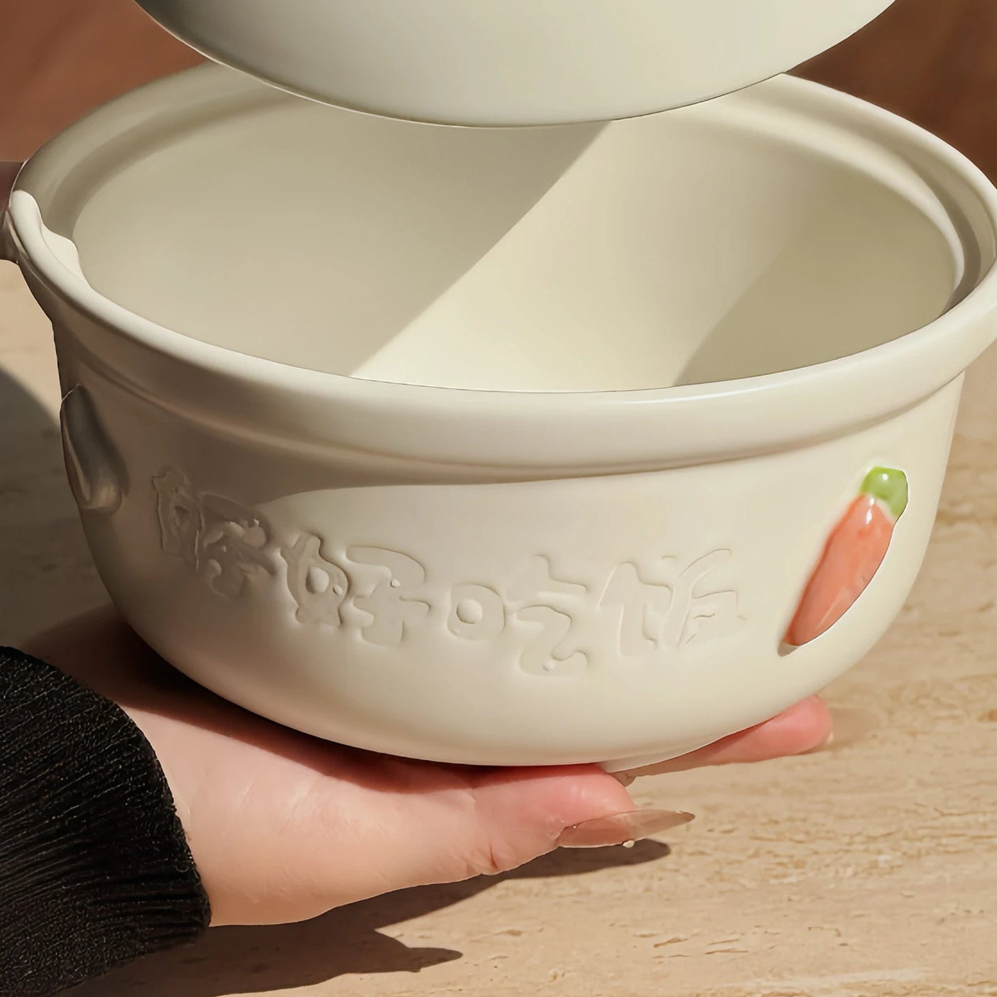 Kawaii bowl with lid and spoon on a wooden surface