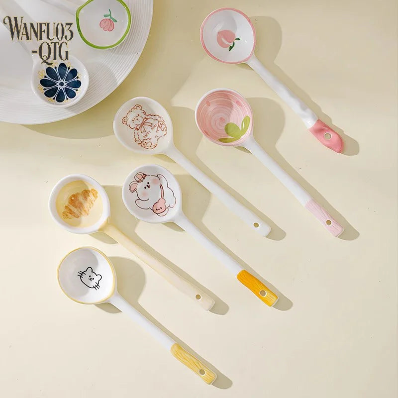 A group of kawaii spoons in various colors sitting on the table
