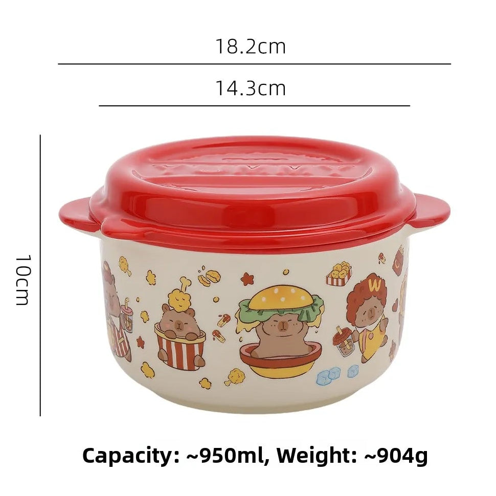 Kawaii ramen bowl with red lid and cartoon designs, showing measurements and capacity weight details.