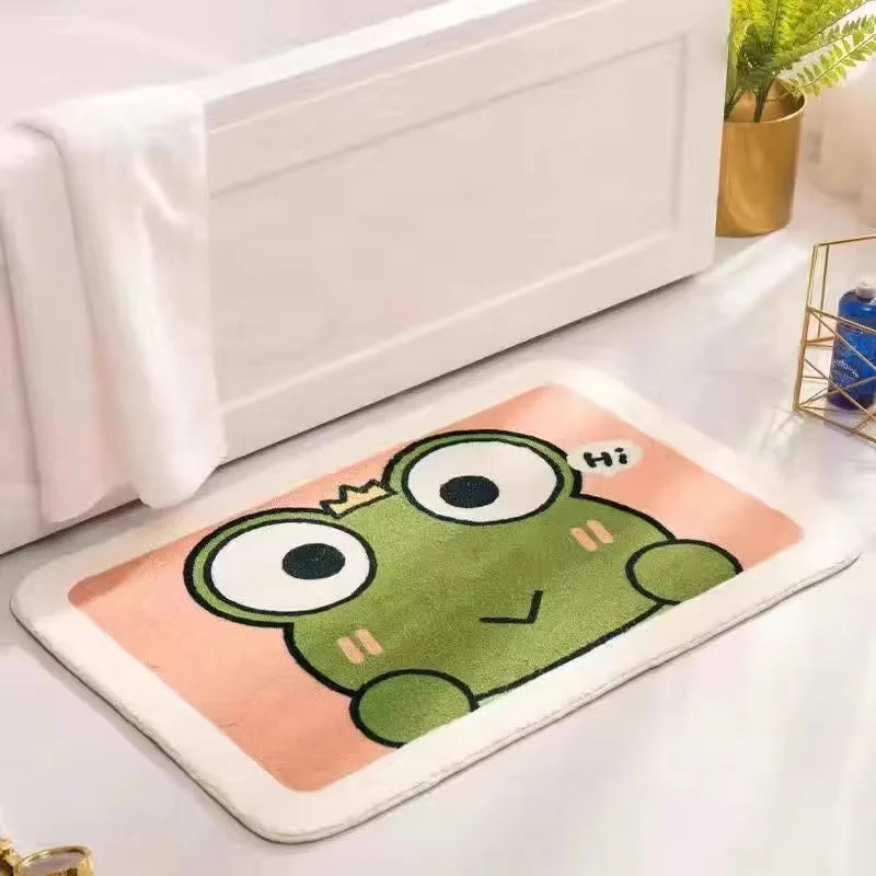 Cartoon Kawaii frog rug on a white floor with a white wall and plant in the background