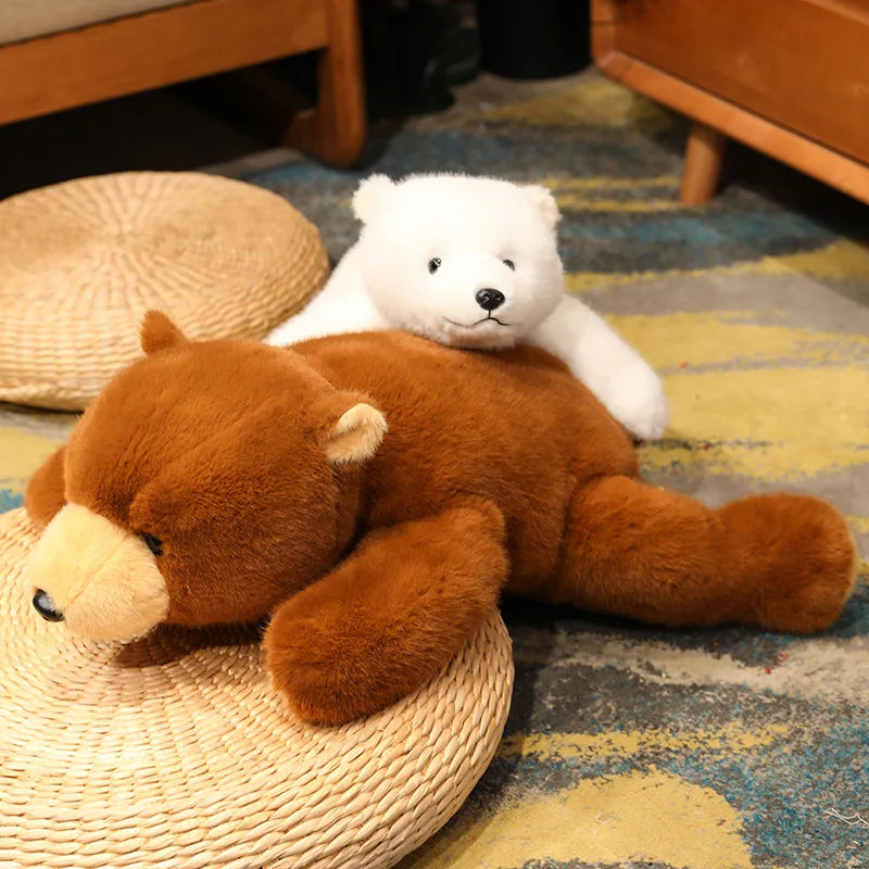 Two kawaii teddy bears, one brown and one white, on a textured rug.