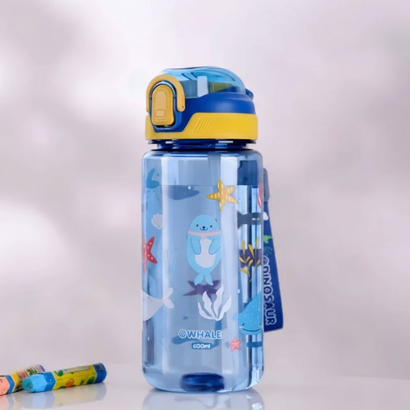 Blue children's kawaii water bottle with cartoon designs on a light gray background
