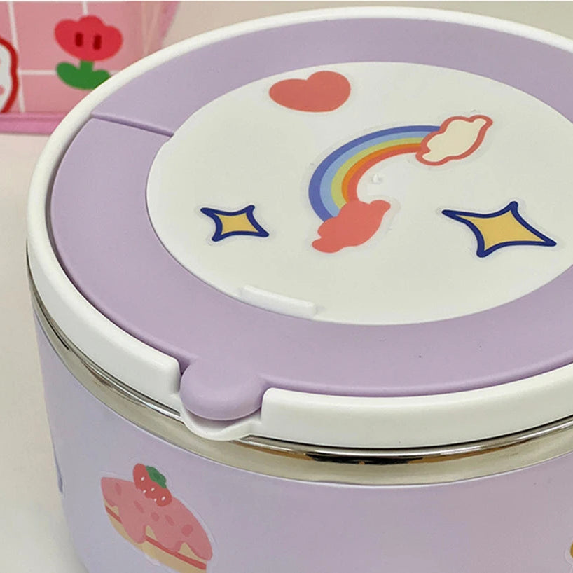 A close up of a purple and white kawaii ramen bowl