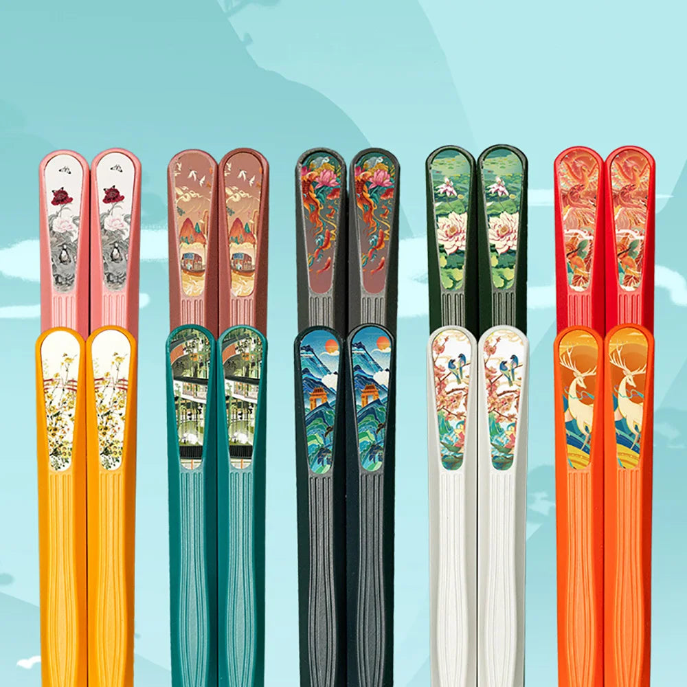 Set of colorful chopsticks with various kawaii designs on a blue background