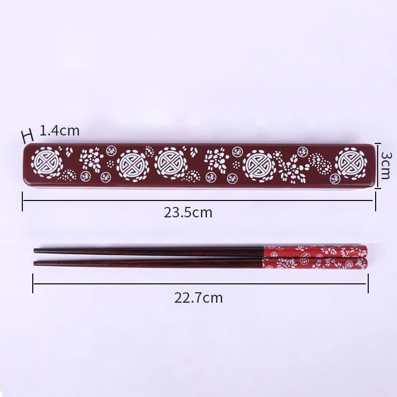 Kawaii chopsticks with decorative case and measurements on a white background