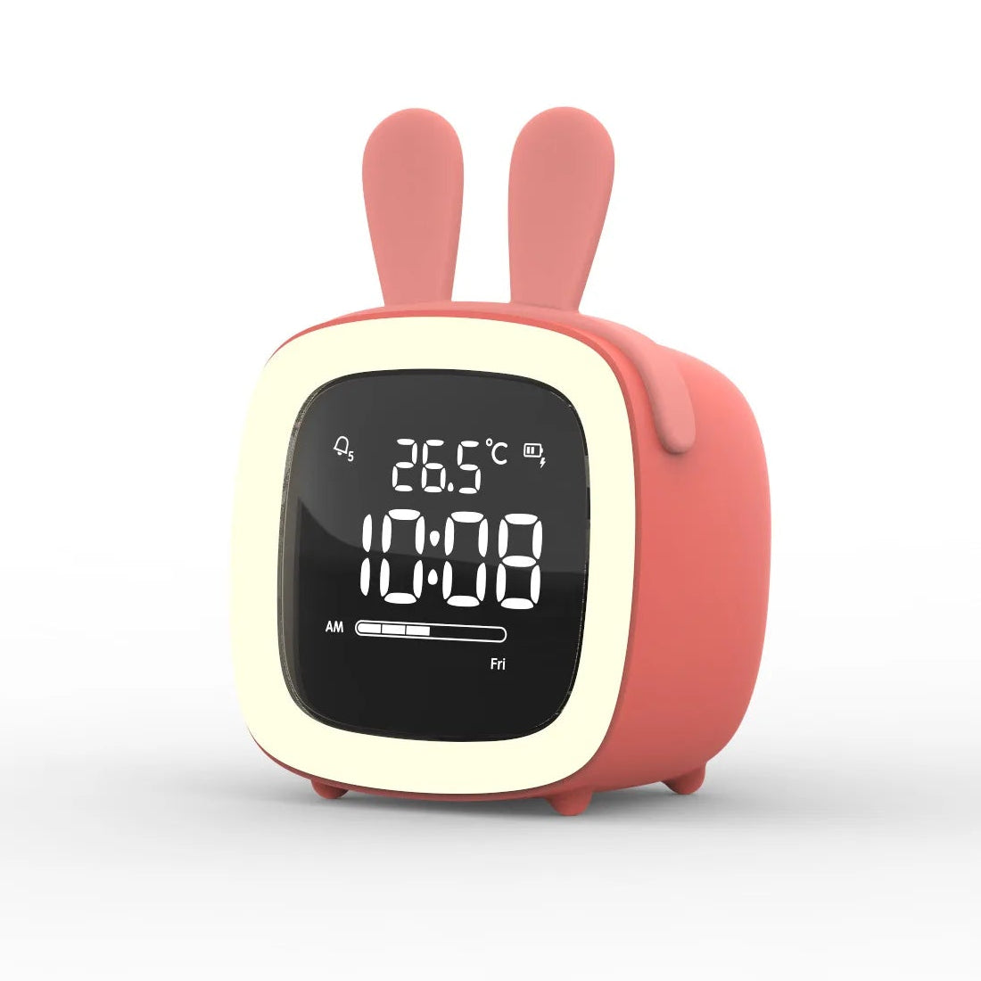 Pink rabbit-shaped kawaii digital clock with a screen displaying time and temperature on a white background