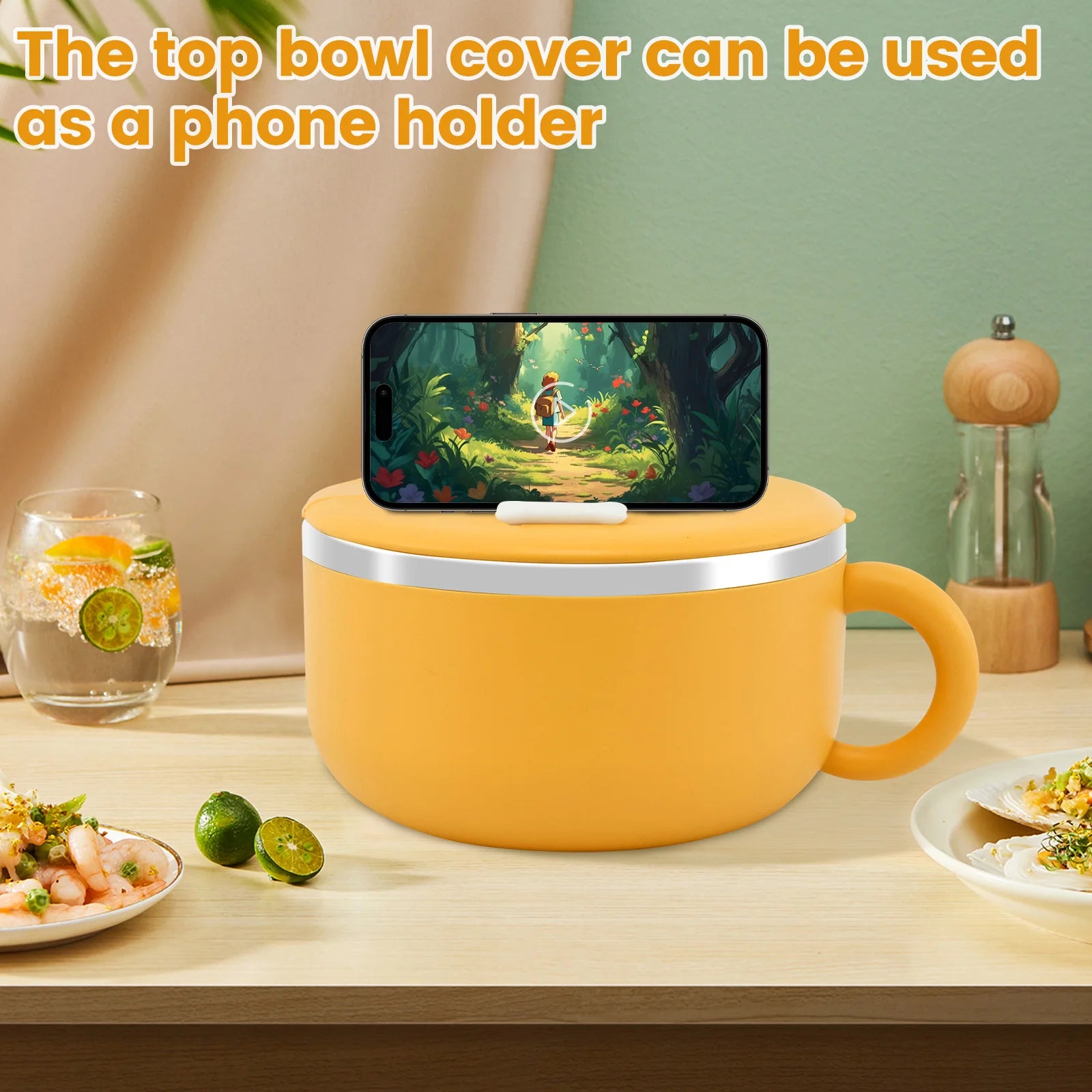 A yellow kawaii ramen bowl with a phone on top of it