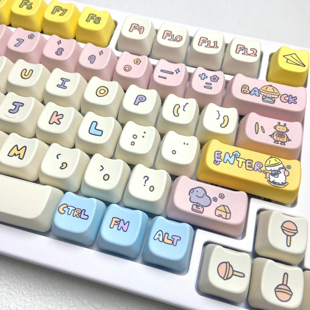 Colorful keyboard with Kawaii cartoon character keycaps on a light background