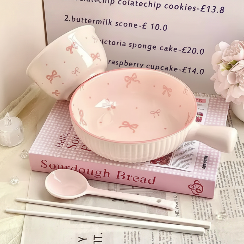 Pink ceramic kawaii ramen bowl with bow design on a bread book with utensils and flowers.