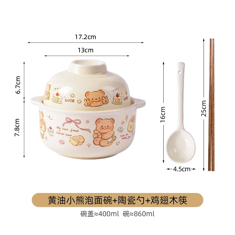 Ceramic kawaii ramen bowl with lid, spoon, and chopsticks with measurements on a white background