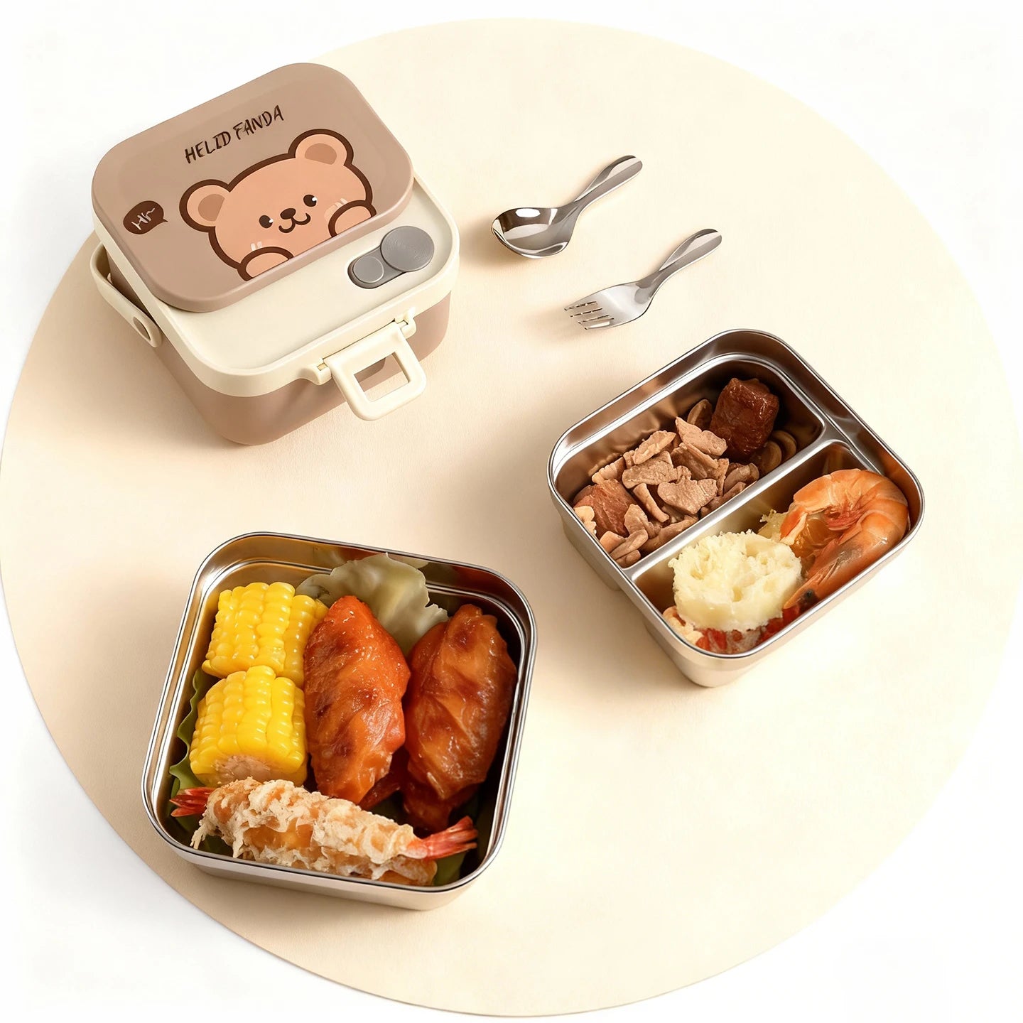 Kawaii bento box with food compartments on a white surface