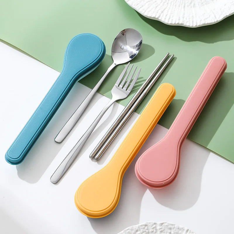 Set of colorful kawaii utensils with covers on a green and white background
