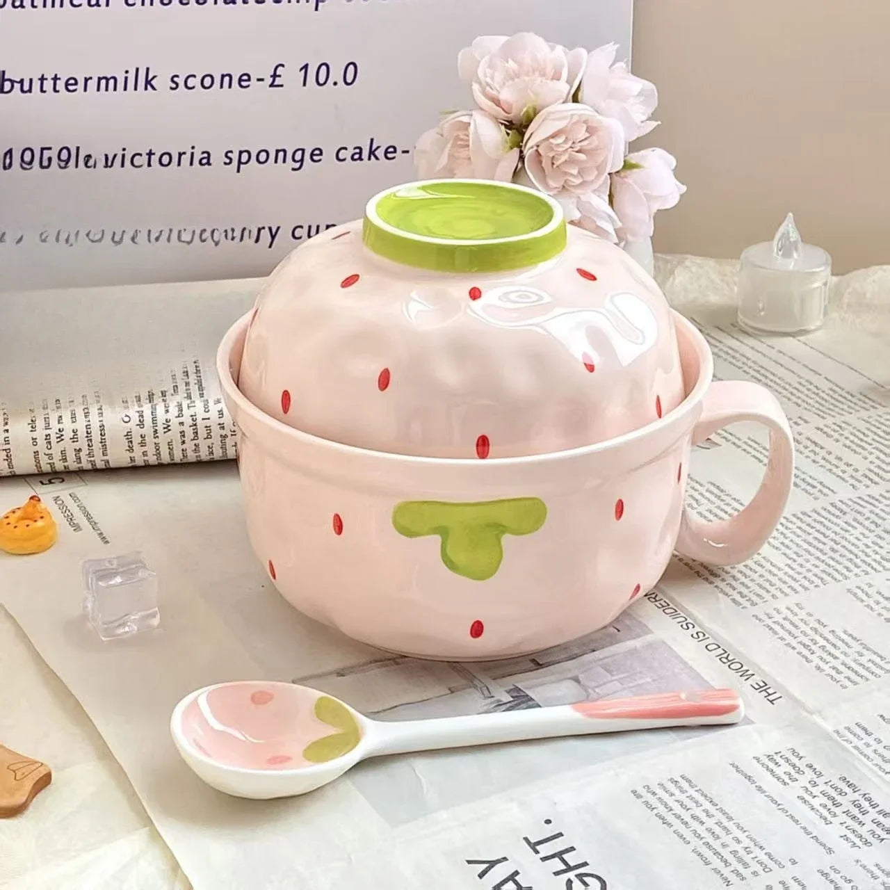 A pink strawberry designed kawaii bowl