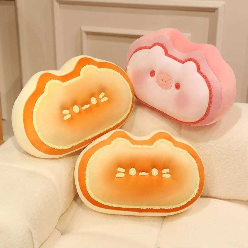 Three cute kawaii plush toys shaped like watermelons and a peach on a light-colored couch.