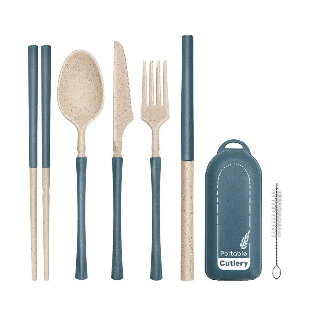 Set of portable kawaii utensils with blue and beige handles, including a carrying case and cleaning brush.