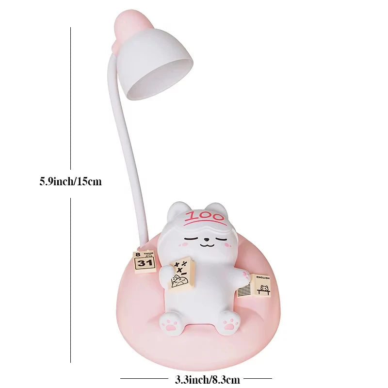 Cute kawaii cartoon character plush toy with a small lamp on a white background