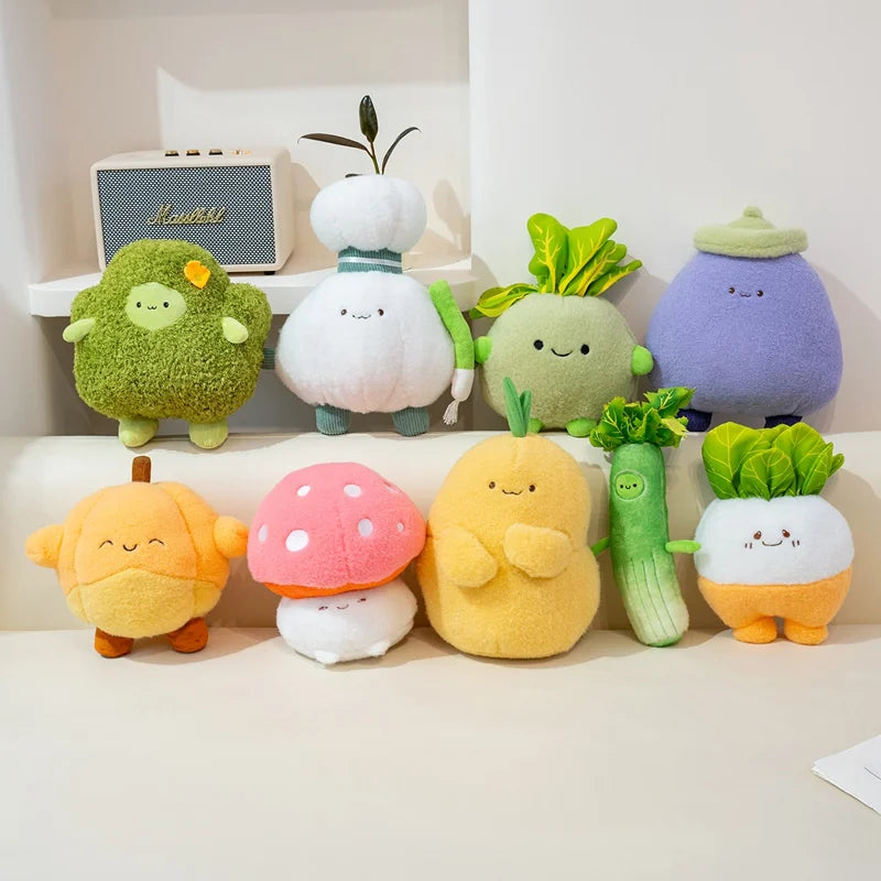 Set of colorful kawaii plush toys shaped like vegetables and a mushroom on a white surface.