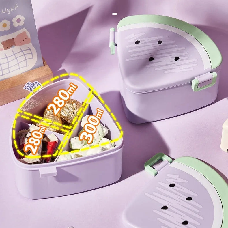 Kawaii candy box with multiple compartments on a light purple background