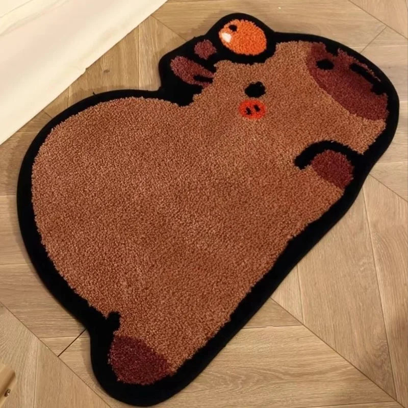 Brown bear-shaped kawaii rug on a wooden floor