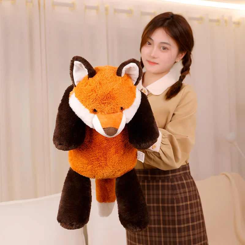 Woman holding a large kawaii plush fox toy in a cozy indoor setting