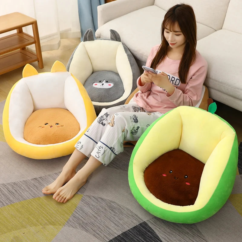 Woman sitting on a kawaii cushion seat in a living room