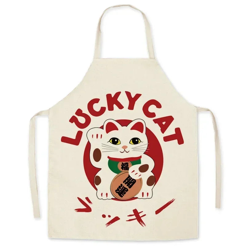 Beige kawaii apron with a Lucky Cat design on a white background