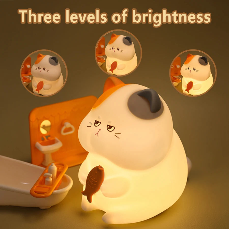 Cat-shaped kawaii night light with three levels of brightness indicated by circular insets.